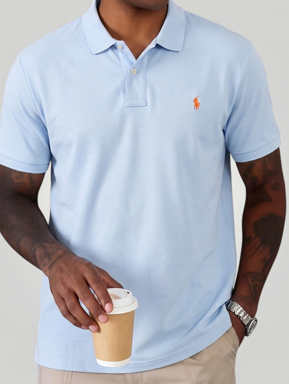 Polo Ralph Lauren Mens 3XB Big Light Blue Pique Polo Shirt Orange Pony‎ Cotton